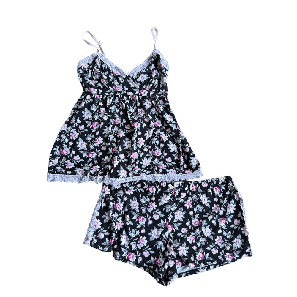Laura Ashley Pjs Set Cami & Shorts Pajamas Lounge Sz S Dark Floral Lace Trim